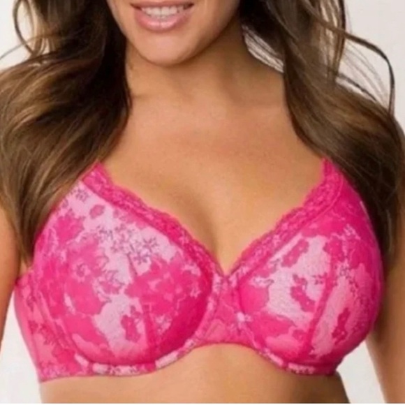 Cacique Hot Pink Lined Underwire Lace Minimizer Bra Size 44DD - Picture 8 of 8
